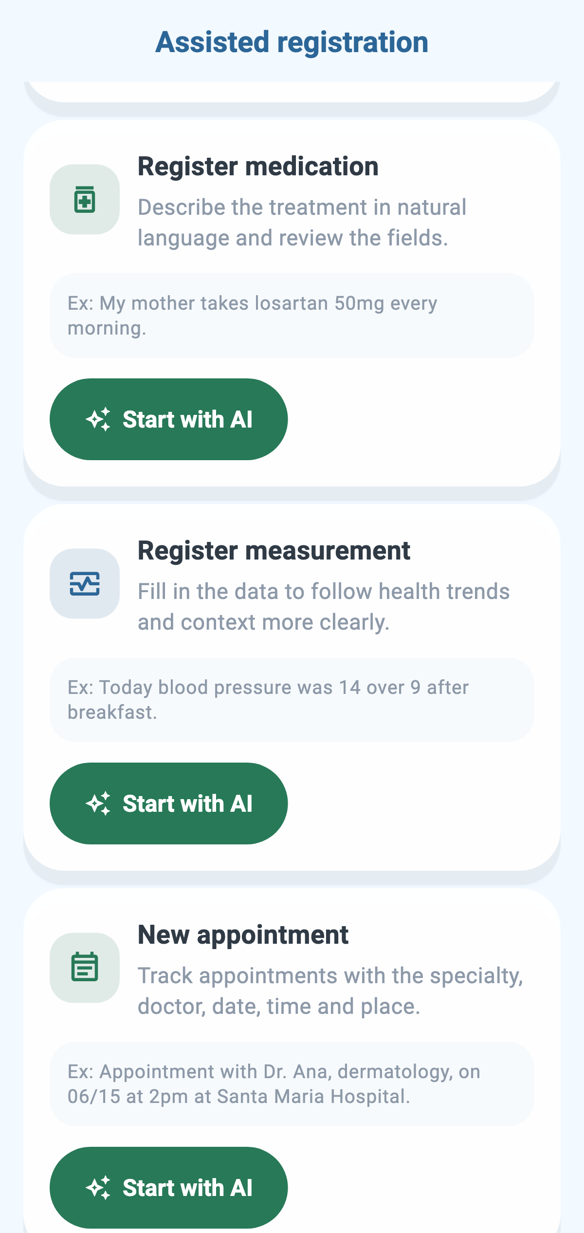 Real CronoBem AI-assisted registration screen with entry options
