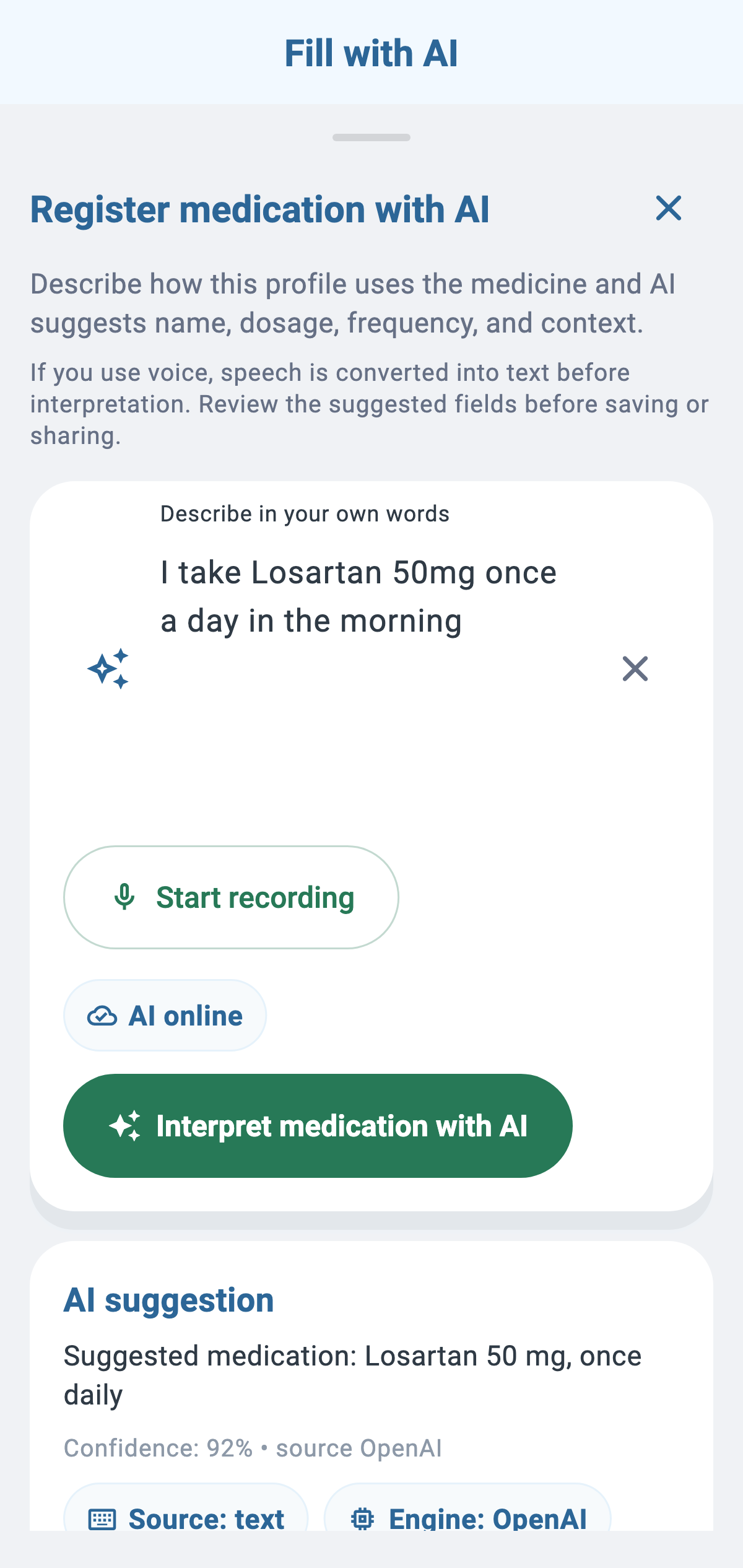 Real CronoBem AI suggestion review screen, showing the confidence level before confirming the record
