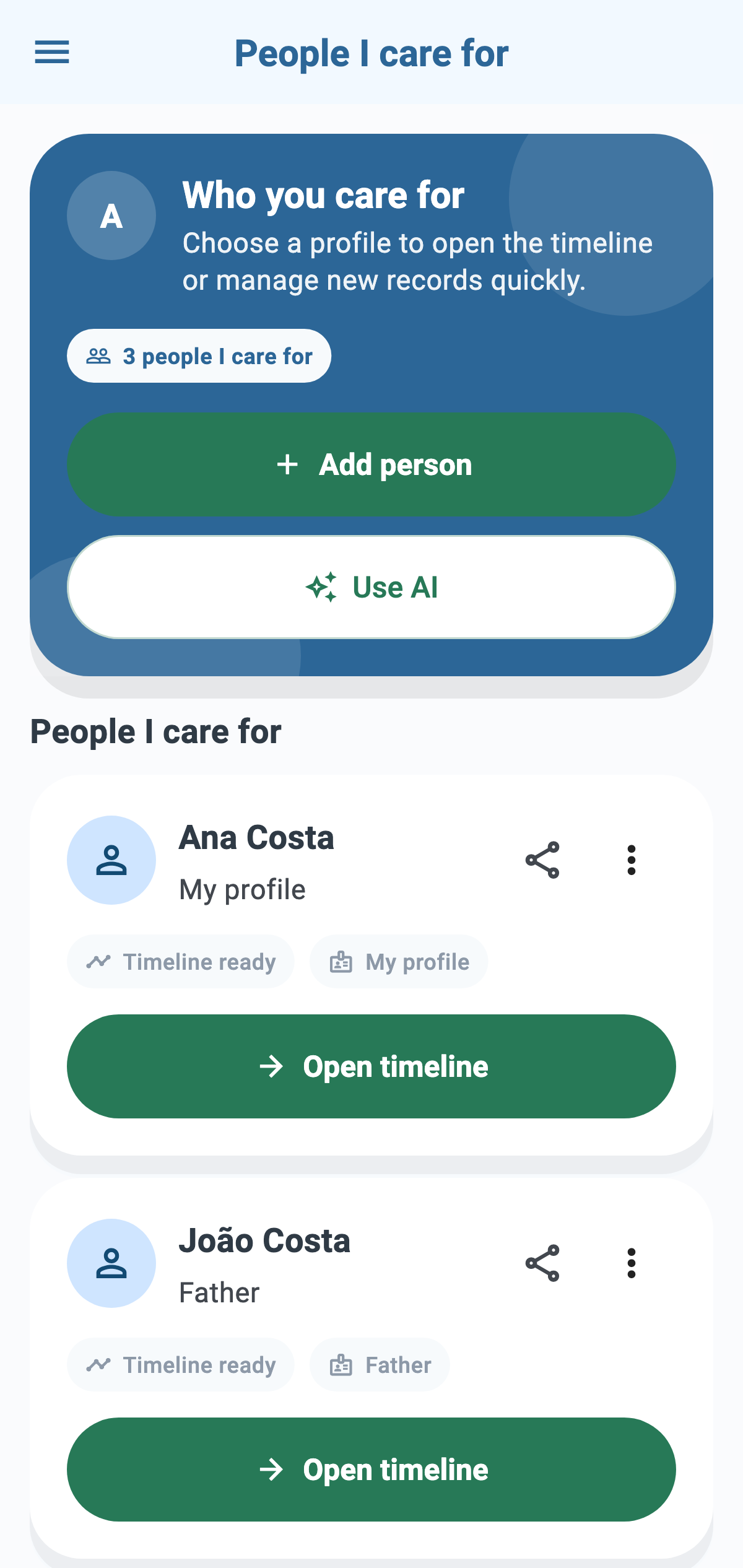 Real CronoBem screen with the list of profiles you care for, including Ana Costa and João Costa