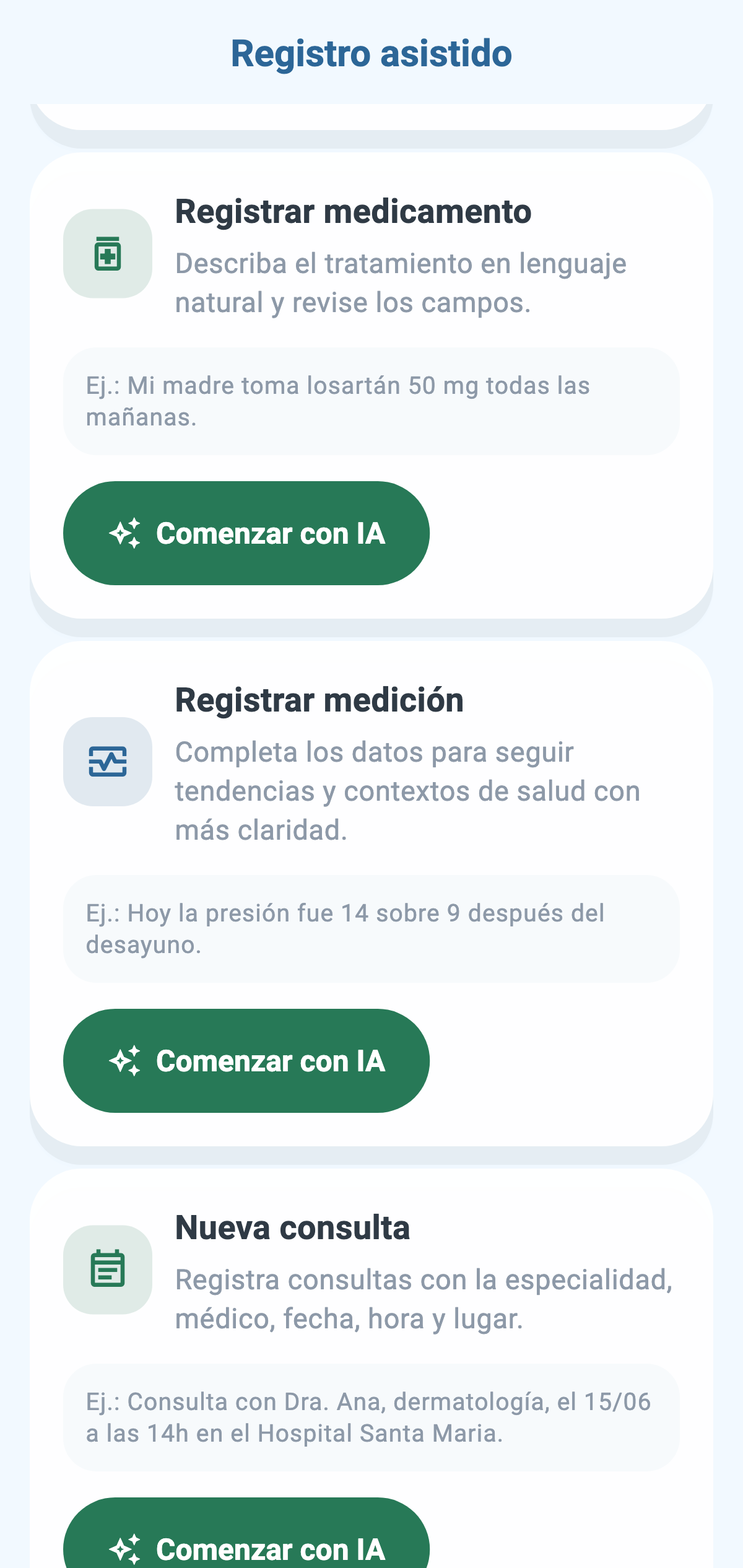Pantalla real de registro asistido por IA de CronoBem con las opciones de registro