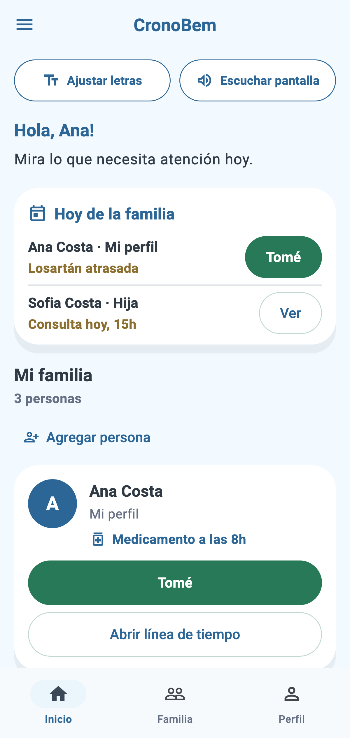 Pantalla inicial real de CronoBem con Hoy de la familia, la acción Tomé y las personas acompañadas